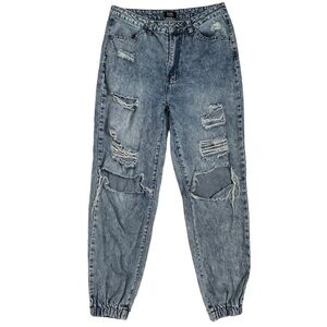 Simple Society Distressed High Rise Denim Joggers